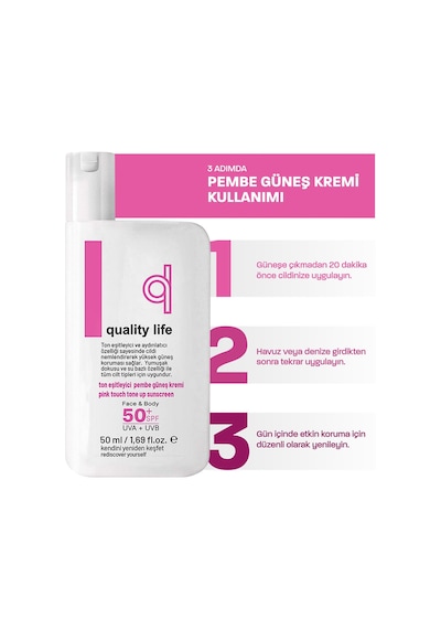 Quality Life Ton Eşitleyici ve Aydınlatıcı Pembe Güneş Kremi SPF50+ 50 ML