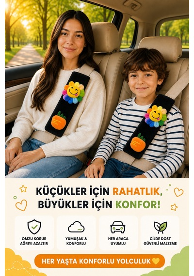 Çiçek Ve Meyveli Siyah Emniyet Kemeri Aksesuarı - Emniyet Kemeri Kılıfı - Araç Emniyet Kemeri Omuz Koruyucu 1 Adet