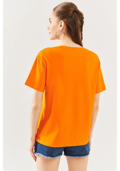 Kadın Oversize Rahat %100 Pamuklu Penye Bisiklet Yaka Kısa Kol Basic T-shirt Turuncu