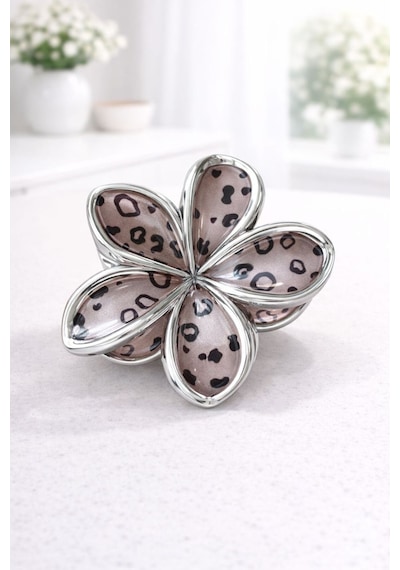 Lotus Çiçek Leopar Desenli Şık & Modern Toka Gri