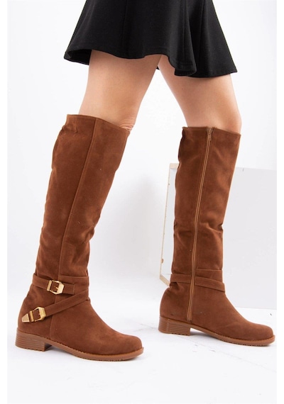 Fox Shoes E726203402 Taba/altın Süet Alçak Topuklu Kadın Çizme Taba/altın-süet