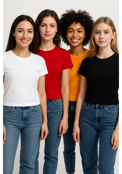 Kadın 4'lü Paket Oversize Crop Tişört %100 Pamuk Bisiklet Yaka T-shirt Turuncu