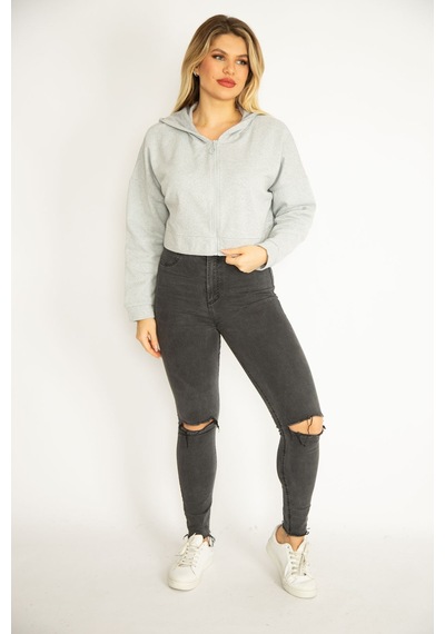 Şans Kadın Gri İçi Şardonlu 2 İplik Kumaş Kapşonlu Sweatshirt 65n35076-gri Gri