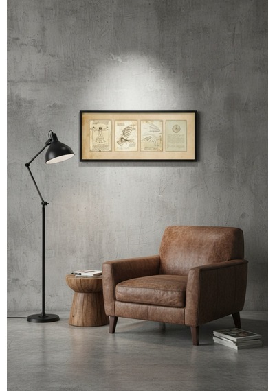 Leonardo Da Vinci Çizimleri Tablo Çerçeveli Vintage Sanat Tablosu Ofis Salon Duvar Dekoru