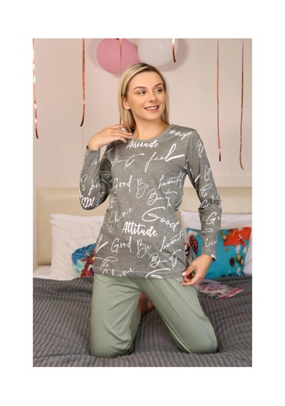 İkikareshop Kadın Uzun Kol Penye Pijama Takım Füme Çok Renkli