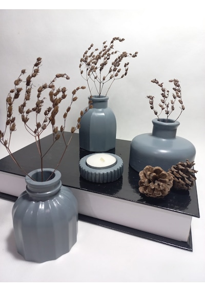 Modern Minimal Vazo Set 3'lü, Ev & Ofis Hediyelik, Dekoratif Obje, Gri