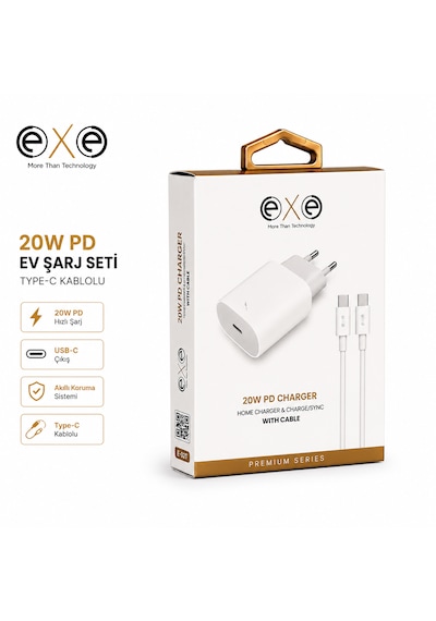 Exe 20w Pd Hızlı Şarj Adaptörü Usb-c Ev Tipi Şarj Aleti Type-c Kablolu 0