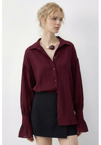 Shade Kadın Fırfır Manşet Detaylı Oversize Gömlek 533 60286029 - Bordo