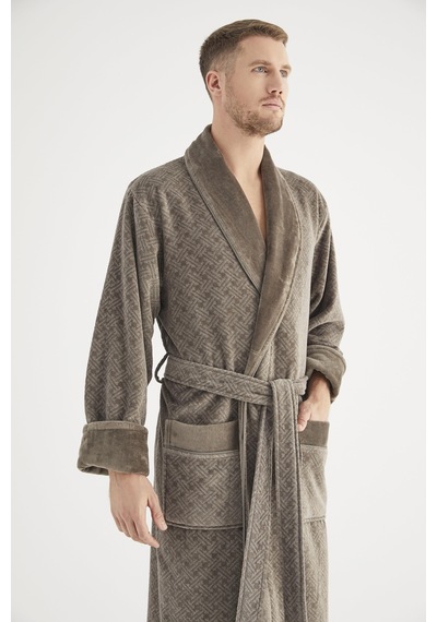 Jakarlı %100 Cotton Erkek Bornozu Haki