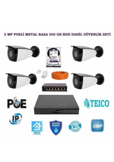 5 Mp Poeli Ip 4 Metal Kameralı Herşey Dahil Güvenlik Seti Teico-6445