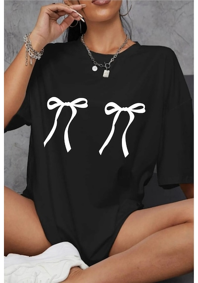 Uyguntarz Unisex Çift Kurdele Tasarım Basklı Tshirt Siyah