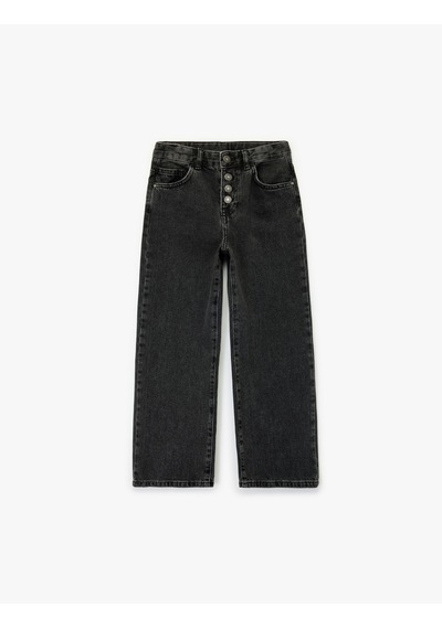 Koton Pamuklu Düğme Detaylı Beli Ayarlanabilir Lastikli Geniş Paça Denim Pantolon Siyah 7wkg40002ad