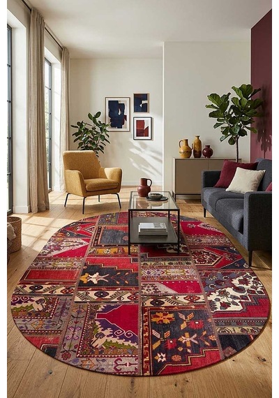 Patchwork Desenli Yıkanabilir Pamuk Taban Dijital Baskılı Oval Halı Kırmızı