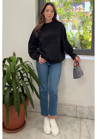 Siyah Bisiklet Yaka Basic Sweatshirt Mg2185