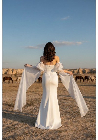 Berissima Bride Balık Nikah Elbisesi, Kırık Beyaz, Balon Portatif Kol, Kayık Yaka, Evden Çıkış Elbisesi, Ophelia Kırık Beyaz Kırık Beyaz