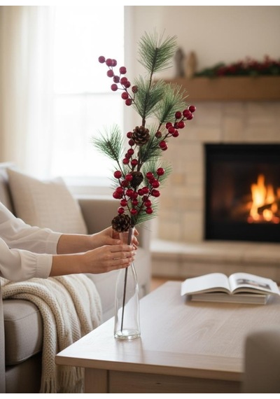Yapay Çiçek Kokina Ve Çam Dalı Uzun Dal Kozalaklı 75cm Yılbaşı Çiçeği Red Berry Kırmızı