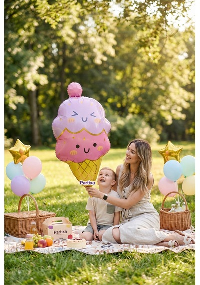 Külah Dondurma Figürlü Pembe Folyo Balon Kız Çocuk Doğum Günü Ice Cream Konsept Parti Süsleme Çok Renkli