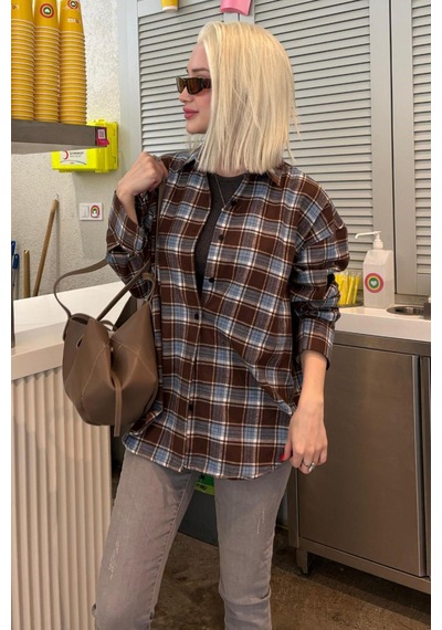 Madmext Bebe Mavisi Oversize Ekose Desenli Kadın Gömlek Mg2589 Bebe Mavisi
