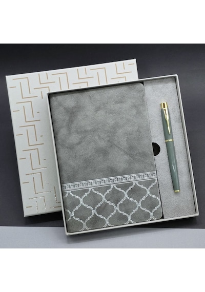 Mobgift Alt Kısmı Mozaik Desenli Kutulu Deri Defter Kalem Seti Gri