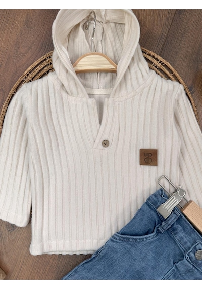 Bebicix Yumuşak Doku Sweatshirt Esnek Kot Pantalonlu Erkek Bebek 2'li Takım Krem