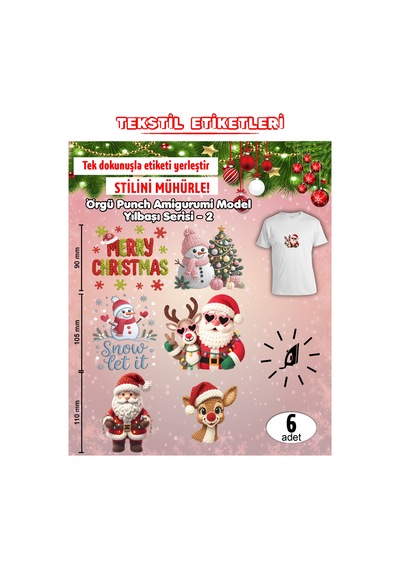 Ütü İle Yapışan Kıyafet Etiketi Örgü Punch Amigurumi Model Yılbaşı Serisi - 2 Karışık