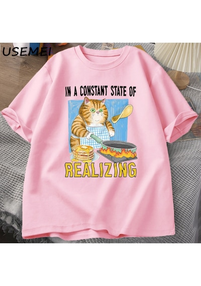 Flood Of Style Kedi Gerçekleştirerek Sabit Bir Devlet T Shirt Erkekler Kadınlar Komik Kedi Pişirme T-shirt K Pembe