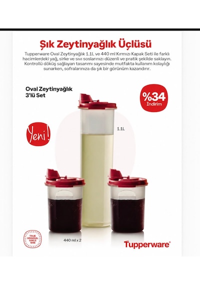 Tupperware Oval Yağlık 1 Lt Ve 2 Adet 440 Ml Kırmızı Kapak Kırmızı - Beyaz