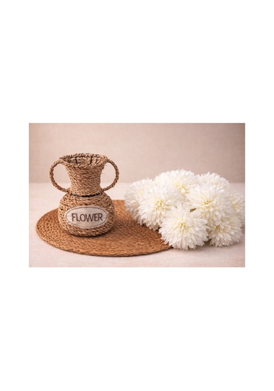 El Yapımı Vintage Tasarım Doğal Hasır Vazo,17 Cm,dekoratif Flower Yazılı Bohem Rattan Saksı,çiçeklik Bej