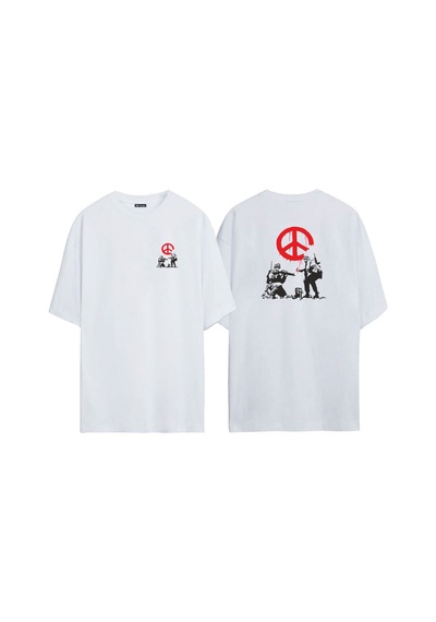 Thewert Unisex Graffiti Sokak Sanatı Tuval Ön Arka Baskılı Beyaz Oversize T-shirt