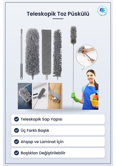 Teleskopik Mop Toz Alma Püskülü Çok Fonksiyonlu Temizlik Seti Üç