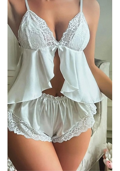 Maser Ivory Dantel Detaylı Saten Şort Takım BEYAZ