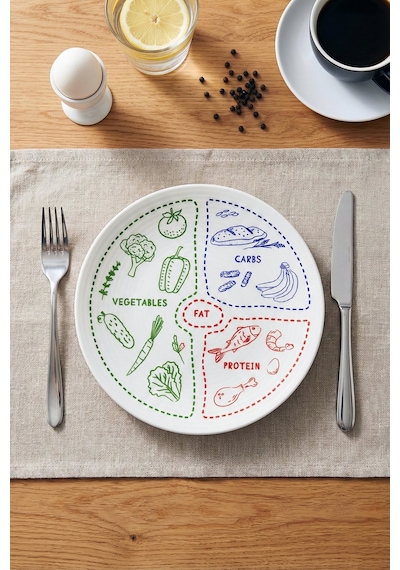 Grandora Diyet Tabağı - 27 Cm Fit Yaşam Porsiyon Kontrol Tabağı, Vegetables Protein Carbs Desenli Diyet Tabak Çok Renkli