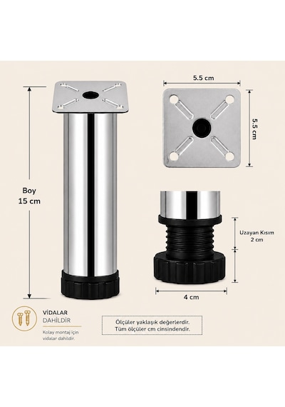 4 Adet Metal Ayarlanabilir 15 Cm Krom Destek Ayağı Mobilya Kanepe Baza Koltuk Dolap Sehpa Tv Ünitesi Ayağı