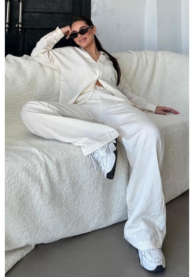 Madmext Ekru Uzun Kollu Çizgili Gömlek Pantolon İkili Takım Mg2329 Ekru