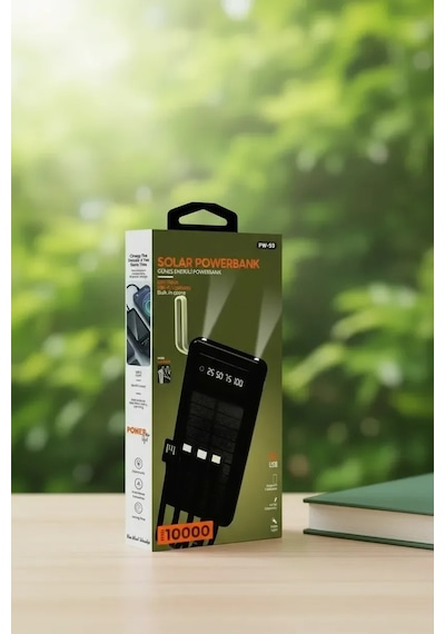 10000mah Güneş Enerjili Taşınabilir Şarj Cihazı - Çift Led Fenerli, Lcd , 2 Usb-c Powerbank