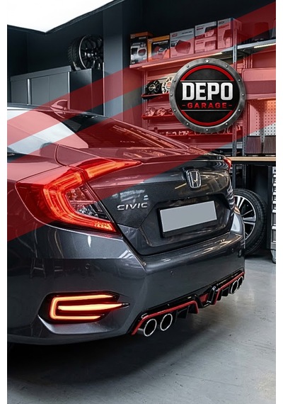 Honda Civic Fc5 2016-2020 Tam Uyumlu Difüzör 4 Çıkışlı Piano Black Kırmızı Şeritli