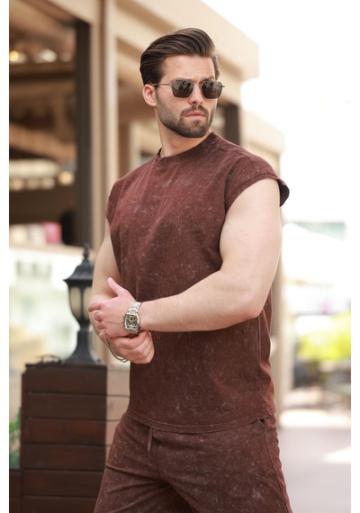 Madmext Acı Kahve Basic Erkek Yırtık Detaylı Şort T-shirt Takım E7319 Acı Kahverengi