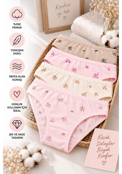 Westicgiyim Kadın Çiçekli Likralı Bikini Külot 4'lü Paket %100 Pamuk Yumuşak Rahat Asorti Desenli M L Xl çok Renkli