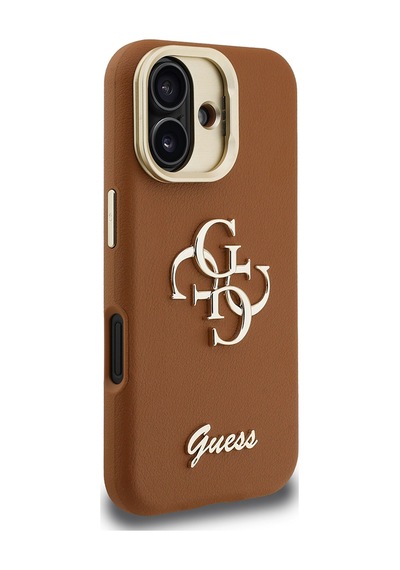 Apple iPhone 16 Uyumlu Kılıf Guess  Lisanslı Grained Yazı Logolu Kamera Standlı Kapak Kahverengi