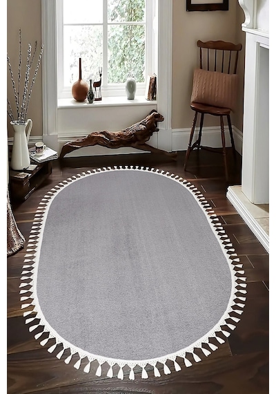 Vl Oval Comfort Overloklu Peluş Halı Beyaz Saçaklı Oval Gri