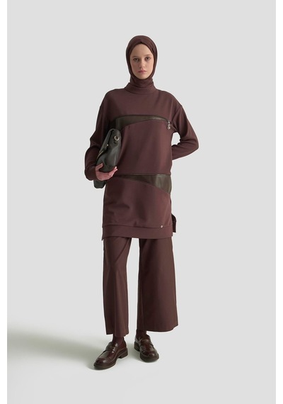 Armine Trend Deri Ve Fermuar Detaylı Fitilli Tunik Kakao 25kt452 Kakao