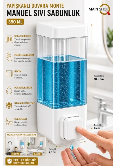 Mainshop 1 Adet Yapışkanlı Duvara Monte Banyo Ve Mutfak Manuel Sıvı Sabunluk 350 Ml Doldurulabilir M-53 Beyaz