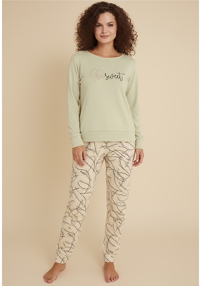 Luxury Thermal Be Sweet Yazılı Çizgili Desenli Kadın Polar Pijama Takımı 42040 Krem