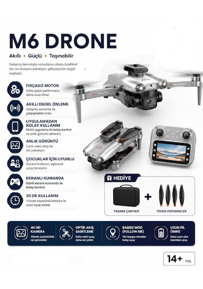 M6 Hava Dronu 3 Kameralı Ekranlı Kumanda Elektikli Kamera Havada Sabit Kalma 360 Derece Engel Kaçınma Başsız Mod Rota Uçuşu 360 Derece Takla