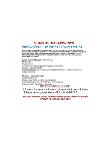Isıyla Daralan Büzüşen Makaron Kablo Seti - 8 Çeşit 1 Er  Metre
