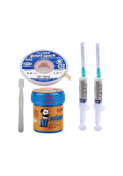 Mechanic Krem Lehim Mechanic Solder Paste 42 Gr 138c Lehim Emme Temizleme Teli 3,0 Mm Ve Metal Spatula Seti02
