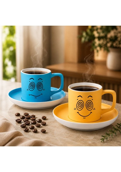 Bk Gift 2'li Turkuaz Ve Sarı Renkli Emoji Yüz Tasarımlı Seramik Türk Kahvesi Fincanı Takımı-1