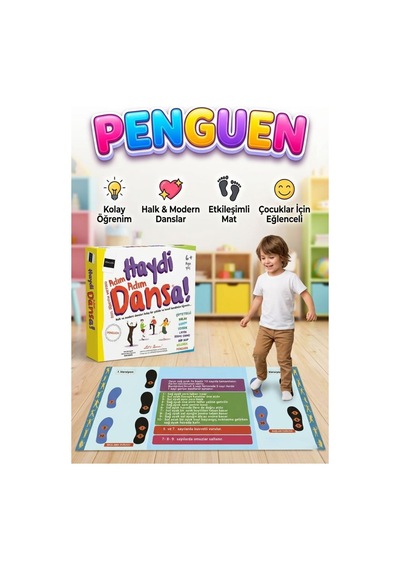 Haydi Dansa Penguen Dans Matı 130x70 Cm Adım Adım Eğitici Eğlenceli Dans Öğretim Oyunu