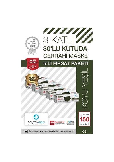 Saytekmed Meltblown Filtreli, Yassı İpli, 3 Katlı Koyu Yeşil Maske (150 Adet/5 Kutu)