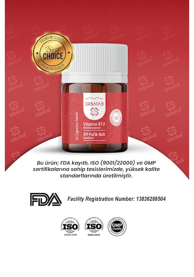 Erbatab Vitamin B12 Folik Asit B9 Takviye Edici Gıda 30 Çiğneme Tablet
